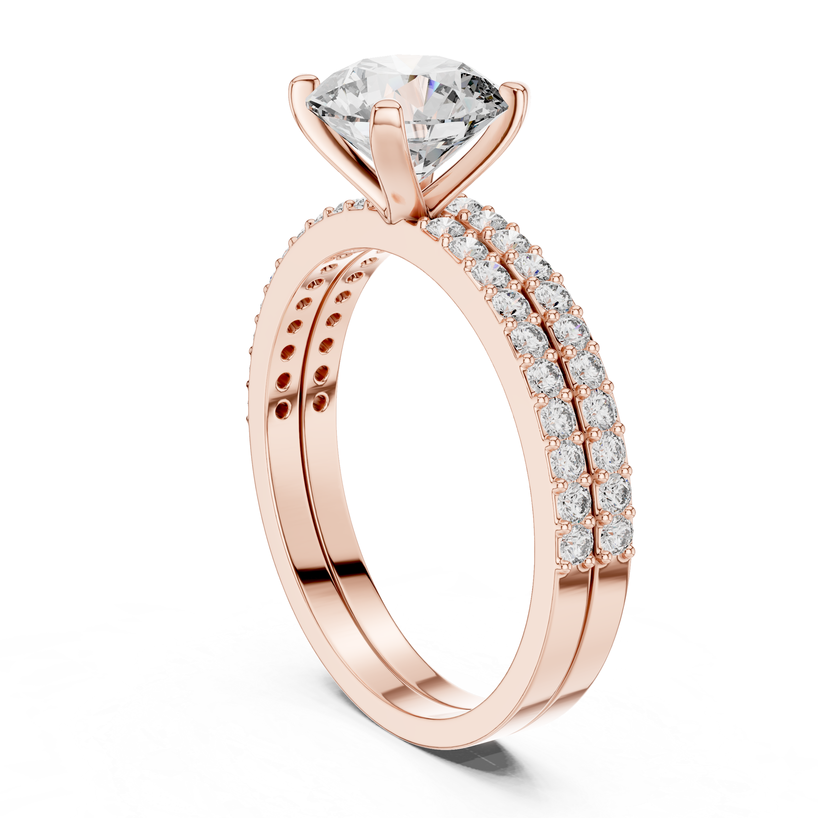 Rose gold ring with a large diamond and smaller diamonds on the band against a white background